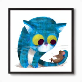 Blue Cat And Mouse Art Print