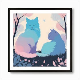 Silhouettes Of Cats In The Day Garden, Blue, Pink And Lilac Art Print