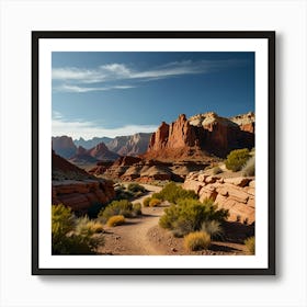 A Picturesque Canyon With A Winding Hiking Trail, Red Rock Formations, And A Vibrant Blue Sky 1 Art Print