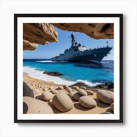 Military Ship In A Rocky Beach Art Print