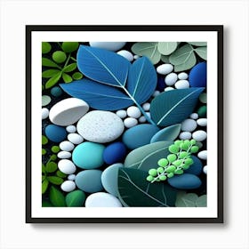 Blue Leaves And Stones Art Print