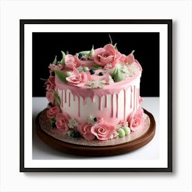 Pink Cake With Flowers Art Print