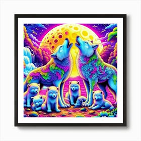 Twin Flame Wolf Pack and Moon Art Print