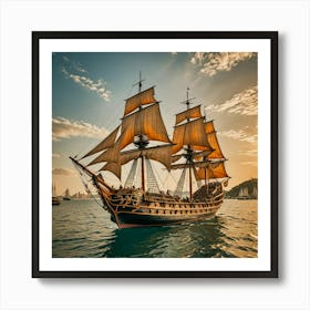 Sailing Ship At Sunset Art Print