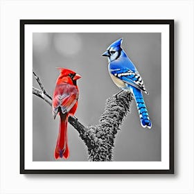 Blue And Red Cardinals Art Print