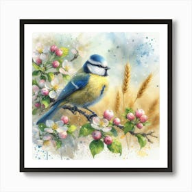 Blue Tit Watercolor: Serene Scene with Apple Blossoms and Soft Background. Art Print