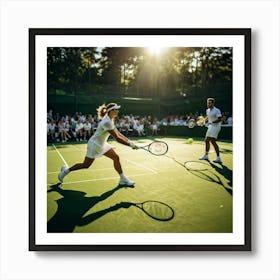 Tennis Match Underway Sunlight Casting Dynamic Shadows On The Green Court Players Poised Mid Swing (3) Art Print