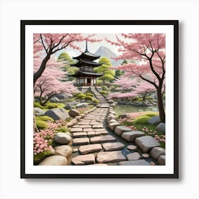 Japenese Pagoda Landscape With Moon Art Print (3) Art Print