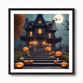 Halloween House With Pumpkins 11 Art Print