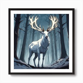 A White Stag In A Fog Forest In Minimalist Style Square Composition 9 Art Print