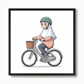 A Young Muslim Girl Wearing a Helmet and Traditional Headscarf Rides a Bicycle Art Print
