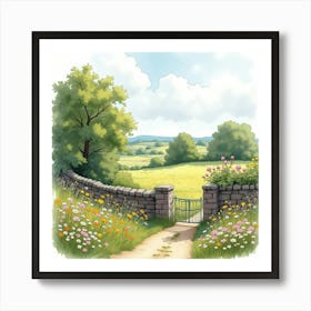 An English Countryside Scene With A Classic Stone Wall And Wildflowers, Watercolor 1 Art Print