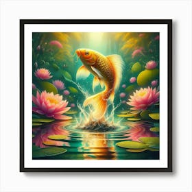 Golden Koi Fish Jumping out In The Pond Art Print