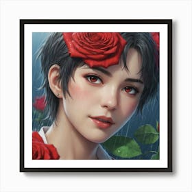 Girl With Red Roses Art Print