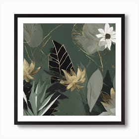 Gold And Green Floral Pattern Art Print