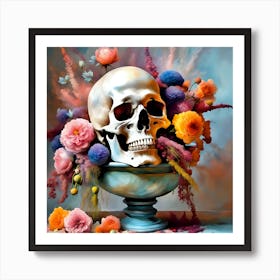 Skull With Flowers Still Life 1 Art Print