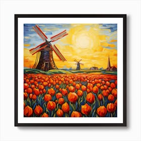 Windmills And Tulips Art Print