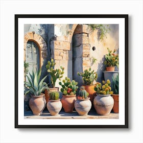 Cactus Pots , Weathered Wall With Cracked Stone And Peeling Paint Art Print
