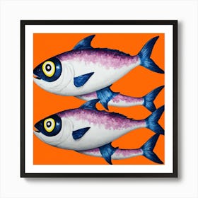 Three Fish On An Orange Background Art Print