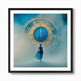 Woman Walking In Front Of A Clock Art Print