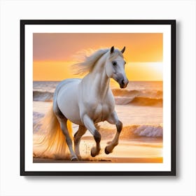 White Stallion On The Beach At Sunset Art Print