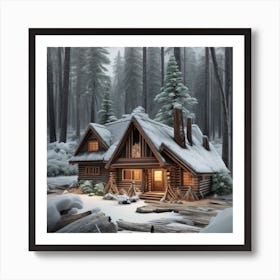 Small wooden hut inside a dense forest of pine trees with falling snow 9 Art Print