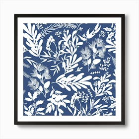 Christmas Botanical Leaves - Blue White Art Print