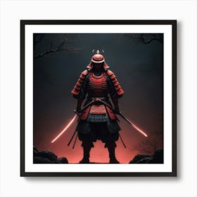 Lonely Japanese Red Samurai Warrior Stand In Dark Art 2 Art Print