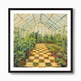 A Greenhouse Full Of Plants Yellow Checkerboard Art Print
