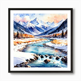 A Serene Watercolor Of A Snowy Mountain Range And A Flowing River 154038090 (1) Art Print