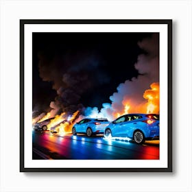 Blue Cars In Flames Art Print