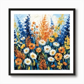 Abstract Blue And Orange Flowers Design Art Print