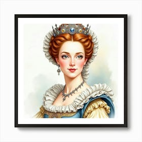 Beautiful Watercolor Portrait Of Queen Elizabeth I, Exuding Historic Charm 1 Art Print