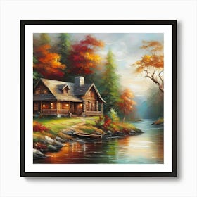 Serene lakeside cabin during the autumn season Art Print