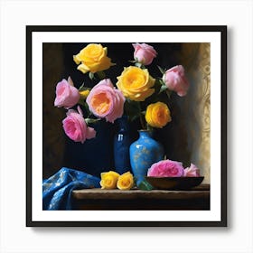 Vintage Still Life, Blue Porcelain Vases with Bright Yellow and Pink Rose Flowers Art Print