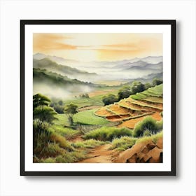 Watercolor A Serene Landscape In Rural China Bathed In The Warm Earthy Tones Art Print