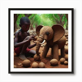 Boy Plays With An Elephant Art Print