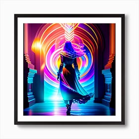 Woman Walking Through A Colorful Tunnel Art Print