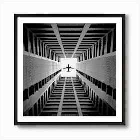 Airplane In The Sky,airplane flying over the buildings Art Print