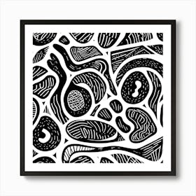 Retro Inspired Linocut Abstract Shapes Black And White 0 Art Print