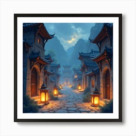 Mystical Lanterns Glowing In An Ancient City, Watercolor 1 Art Print