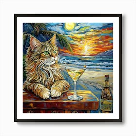 Cat At The Beach Bar 1 Art Print