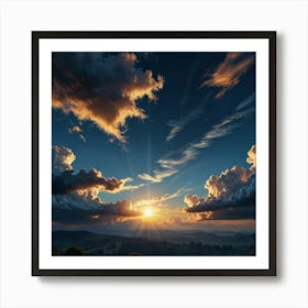 A Beautiful Blue Heavenly Sky With The Sun Peeking Behind Glowing Onto A Landscape 2 Art Print