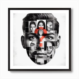 Anonymity: A Black and White Photo Collage of a New Face with a Question Mark Art Print
