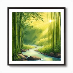 A Stream In A Bamboo Forest At Sun Rise Square Composition 254 Art Print