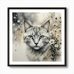 Cat With Daisies Art Print