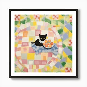 Pastel Colours Black Cat In A Picnic Blanket 1 Art Print