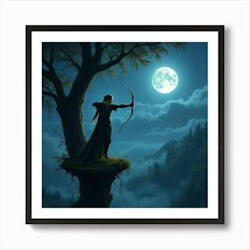 Elven Archer Aiming An Ethereal Arrow From A High Tree Platform, Moonlit Night 1 Art Print