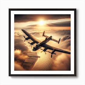 Lancaster Bomber flying through mist and clouds sun in background over dover 3/4 (ww2 World War 2 Pilot Flying Ace Sunset) Art Print