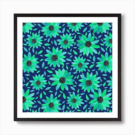 Floral Polka Dot Center Turquoise On Navy 1 Art Print
